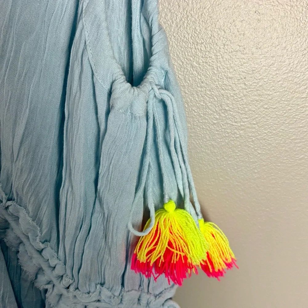 NEW Anthropologie Sundress Mini Light‎ Blue Swim Cover with Neon Tassels Size XS